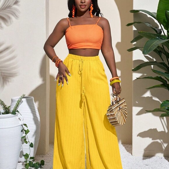 Yellow Casual Women's Full Length wide legging flowy Pants - Picture 7 of 9
